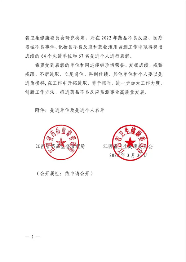 市五院被评为“2022年度江西省药品不良反应监测工作”先进单位
